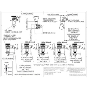 Hipshot HS6K1GL0BST guitar tuner upgrade kit, 6 inline Grip-Lock, open black staggered