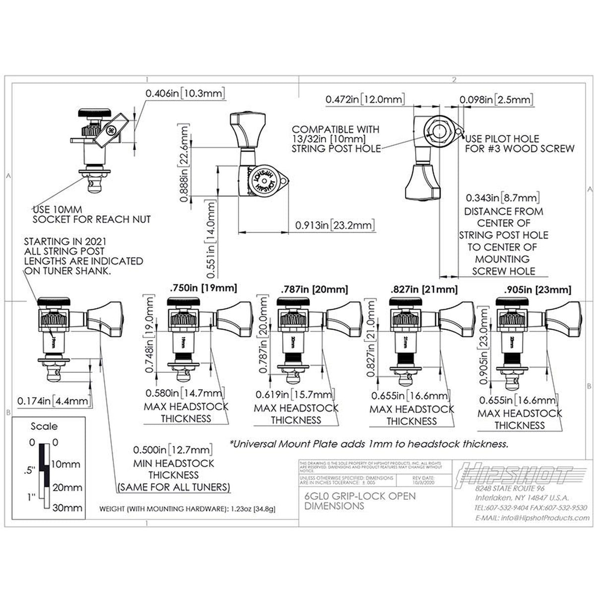 Hipshot HS6K1GL0SST guitar tuner upgrade kit, 6 inline Grip-Lock, open satin staggered