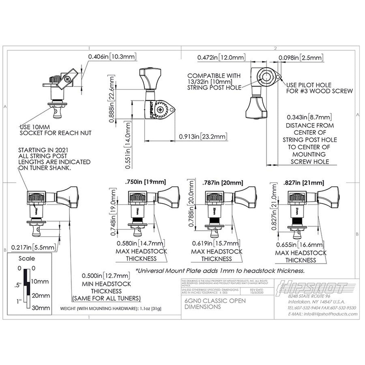 Hipshot HS6K1GN0SST guitar tuner upgrade kit, 6 in line classic, open satin