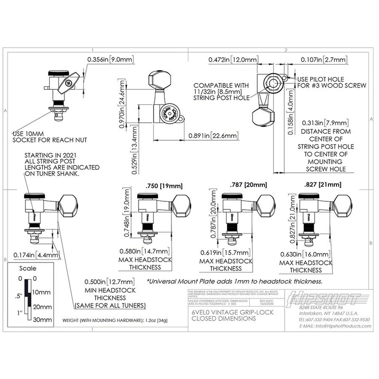 Hipshot HS6K1VEL0BS vintage guitar tuner upgrade kit, 6 inline Grip-Lock, closed black staggered