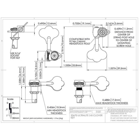 Hipshot HS0670C HB6 3/8" USA Ultralite bass tuning machine, chrome, clover key