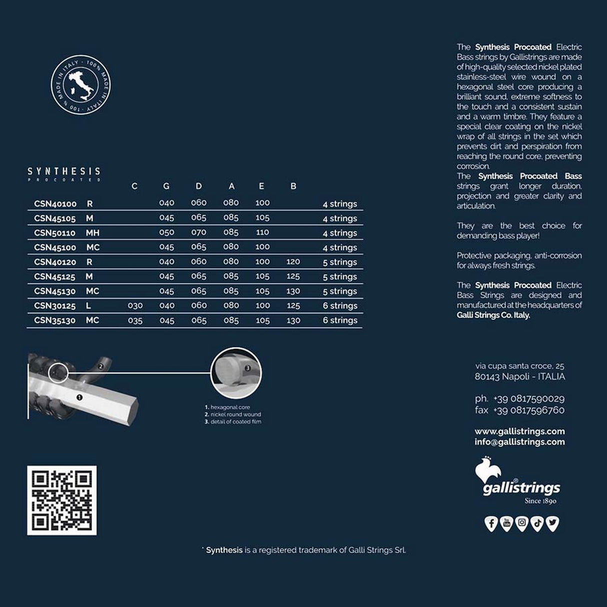 Galli CSN-40100 snaren set elektrisch bass, coated nickel plated steel winding, light custom, 040-060-085-100