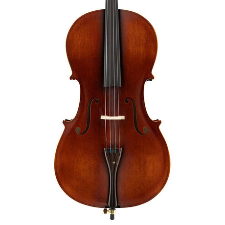 Leonardo LC-1344 cello 4/4, gelamineerd met gevlamde achterkant en zijkanten, ebbenhouten beslag, tas en strijkstok