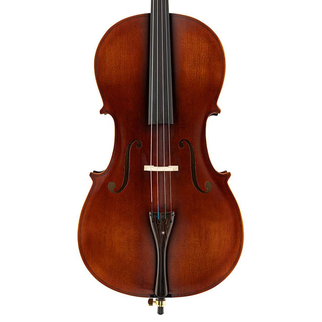 Leonardo LC-1318 cello 1/8, gelamineerd met gevlamde achterkant en zijkanten, ebbenhouten beslag, tas en strijkstok