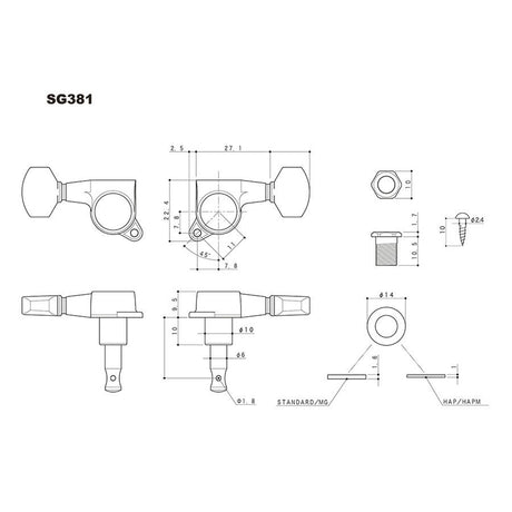 Gotoh SG-381-07-G machine heads for guitar, 3x left+3x right, ratio 1:16, mini 07-style button, gold