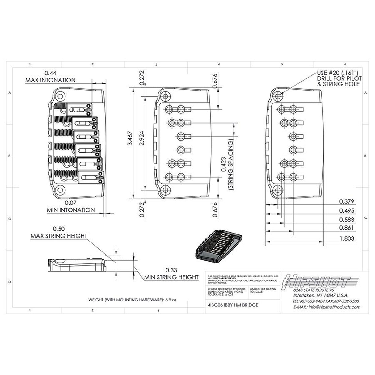 Hipshot HS4IBG06C Ibby HM guitar bridge, solid billet brass, chrome