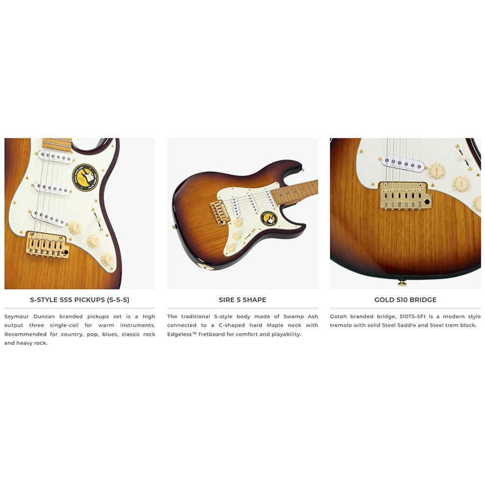 Sire Guitars S10 SSS/NT Swamp ash elektrische gitaar S-stijl, naturel bruin, inclusief koffer