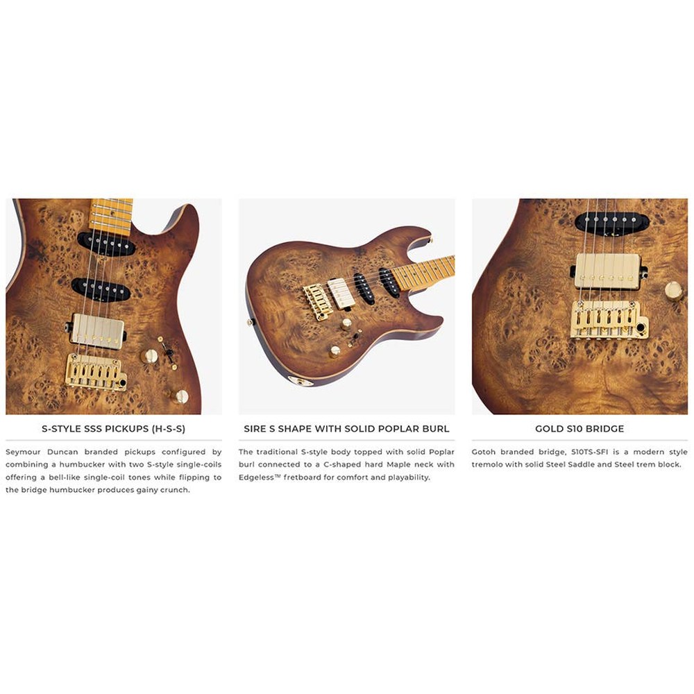 Sire Guitars S10 HSS/NB Swamp ash elektrische gitaar S-stijl, naturel bruine burst, inclusief koffer