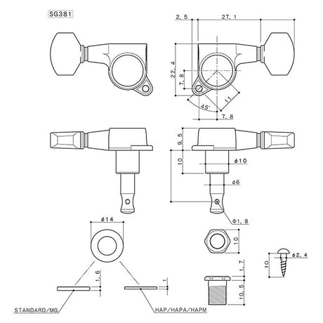 Gotoh SG38107-6L-C machine heads for guitar, 6x left, ratio 1:16, mini 07-style button, chrome