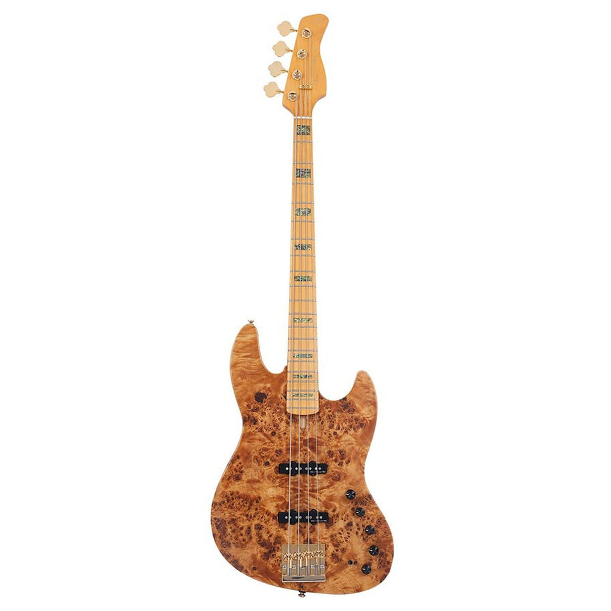 Sire Basses V10 4/NTS Swamp ash + populieren burl 4-snarige actieve basgitaar, natuurlijk satijn, incl. gigbag