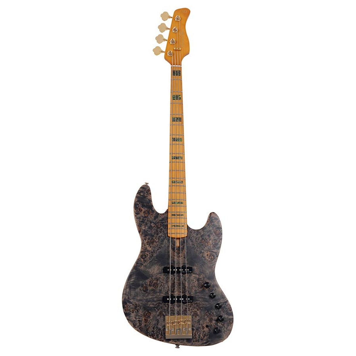 Sire Basses V10 4/TBKS Swamp ash + populieren burl 4-snarige actieve basgitaar, transparant zwart satijn, incl. gigbag