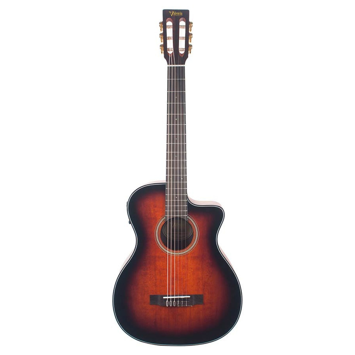 Valencia VA434CECSB nylon snarige auditorium gitaar, sitka spar & nato, preamp en cutaway, classic sunburst satin finis