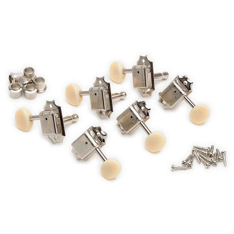 Kluson M33JP Stemmechanieken voor gitaar "Double Line", 3x links + 3x rechts met cream ovale knoppen, nikkel