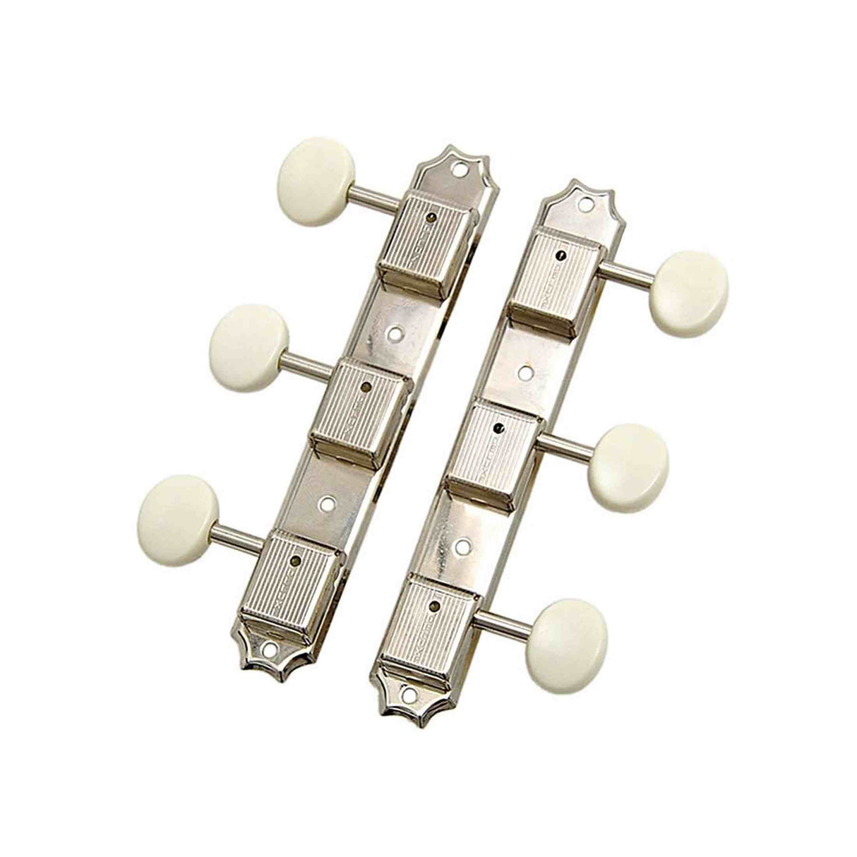 Kluson M90NP Stemmechanieken voor gitaar "Three on a Plate", 3x links + 3x rechts met plastic ovale knoppen, nikkel