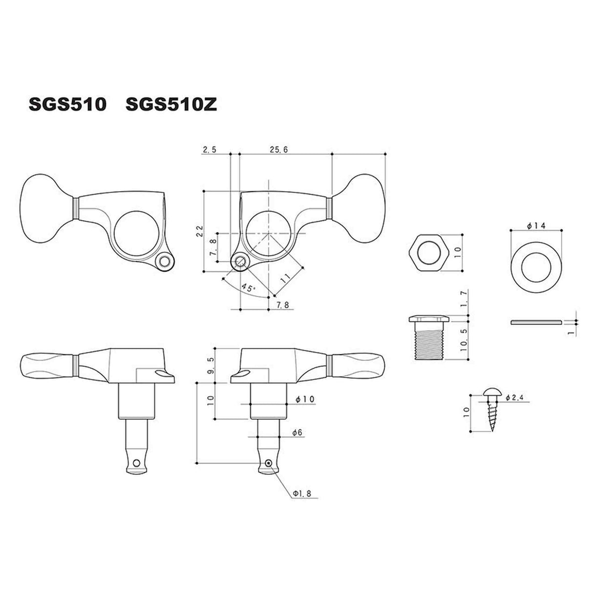 Gotoh GTH14942 SGS510Z stemmechanieken met S5 knoppen, 3L3R, cosmo zwart