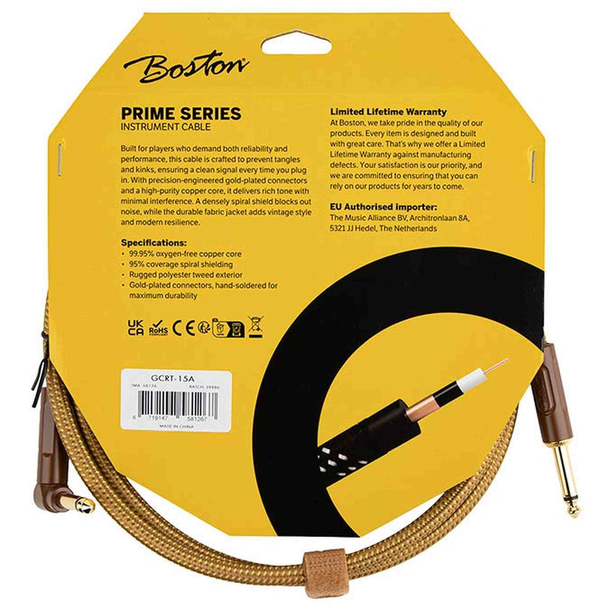 Boston GCRT-15A Prime Series woven jacket instrumentkabel jack–haakse jack 1,5 meter yellow tweed