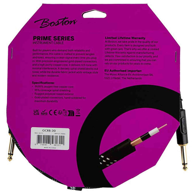 Boston GCRB-30 Prime Series woven jacket instrumentkabel jack-jack 3 meter black tweed