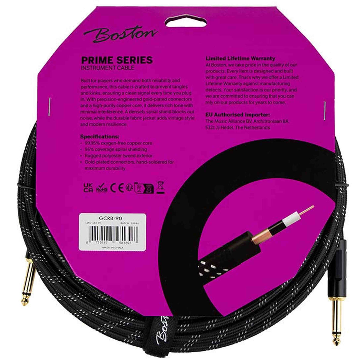 Boston GCRB-90 Prime Series woven jacket instrumentkabel jack-jack 9 meter black tweed