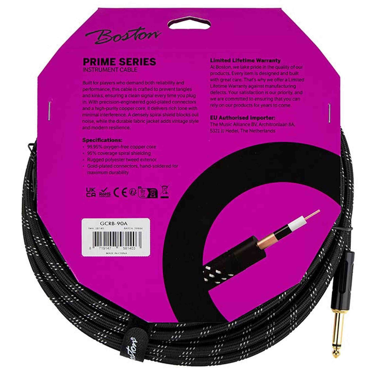 Boston GCRB-90A Prime Series woven jacket instrumentkabel jack–haakse jack 9 meter black tweed