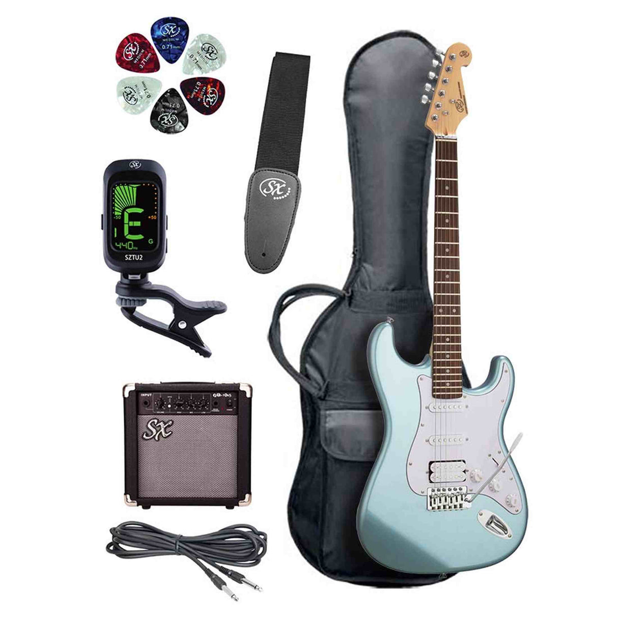 SX SE1HSS-SK-MIB ST elektrische gitaar set 4/4 HSS Ice Blue met 10W versterker