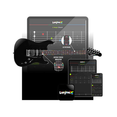 Litejam RGB24/BK elektrische gitaar – 24 frets, 144 RGB LED’s, HSH-configuratie, met gigbag, zwart