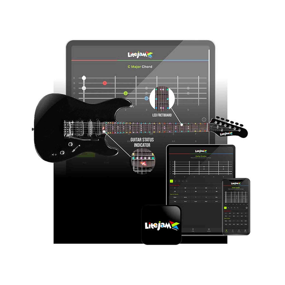 Litejam RGB24/WH elektrische gitaar – 24 frets, 144 RGB LED’s, HSH-configuratie, met gigbag, wit