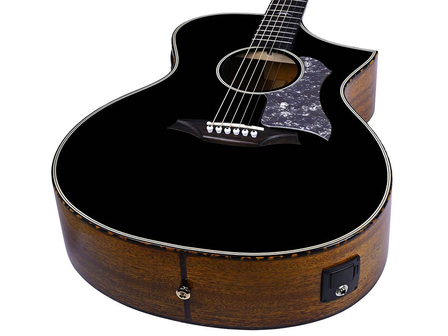 Bromo BAN4CE/BK Denali Series Hillside Auditorium Cutaway gitaar, solid mahogany top, glossy black, heavy duty tas
