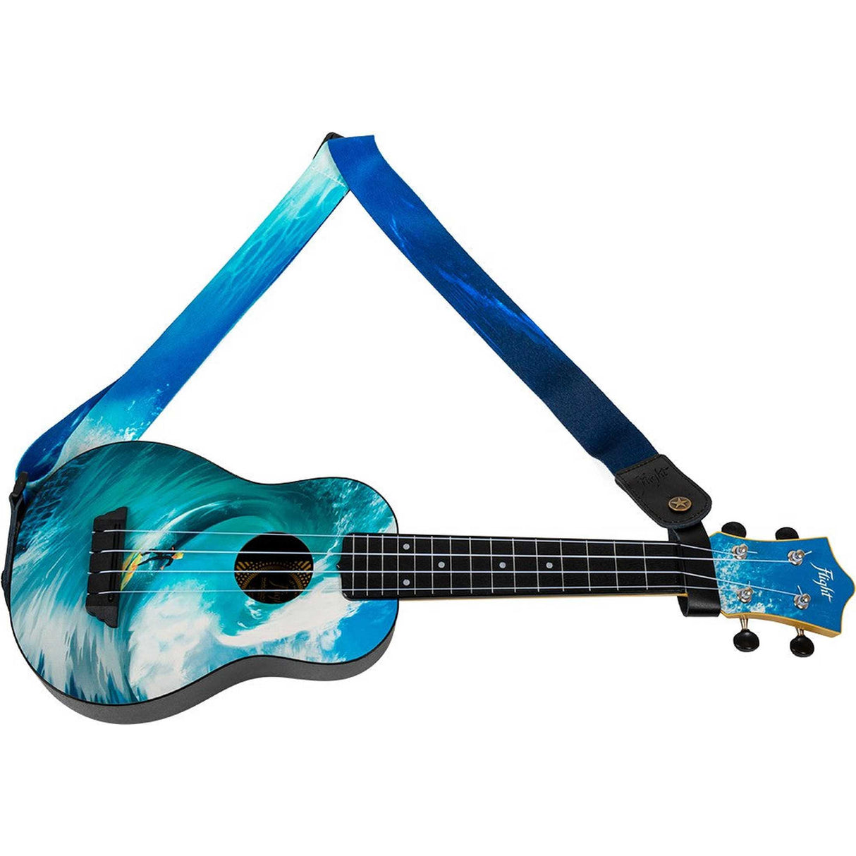 Flight S35 Surf Ukulele Strap Poly/Leer Blauw met Ocean Design en Verstelbare Lengte