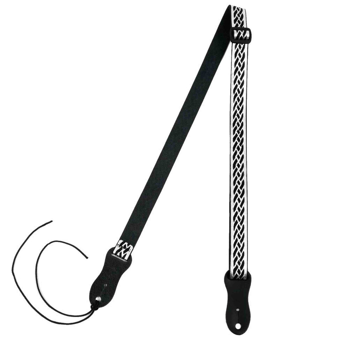 Flight S47 Black Silver Ukulele Strap Vegan Nubuck met Gevlochten Patroon en Headstock Tie