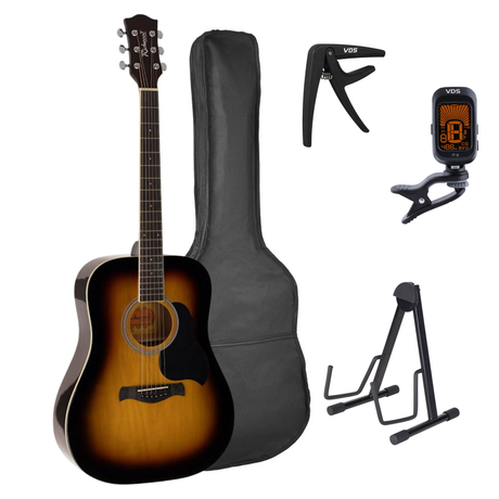 Richwood RD-12-SB Artist Series Dreadnought Akoestische Gitaarset Sunburst met Capo, Stemapparaat, Gigbag en Gitaarstandaard