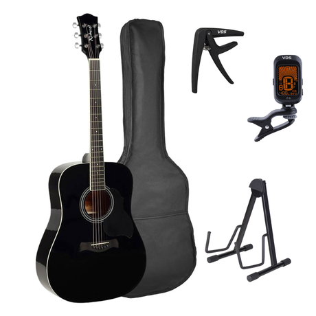 Richwood RD-12-BK Artist Series Dreadnought Akoestische Gitaarset Zwart met Capo, Stemapparaat, Tas en Gitaarstandaard