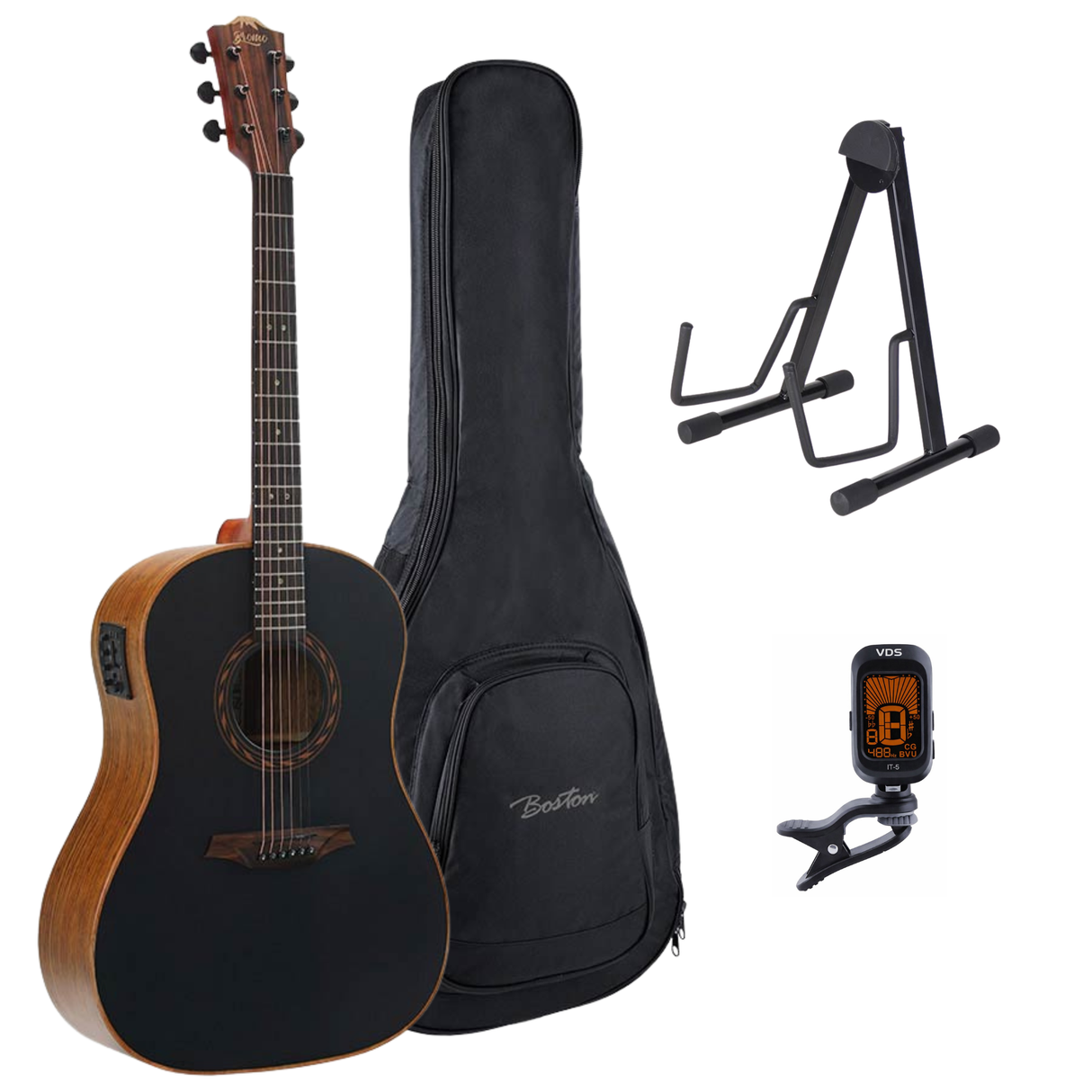 Bromo BAT9ME/BK Tahoma Series Gitaarset – Round Shoulder Dreadnought met Massief Mahonie Bovenblad en Preamp