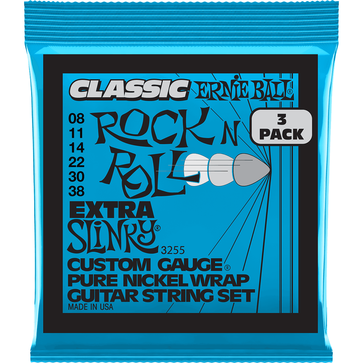 Ernie Ball 3255 Extra Slinky elektrische gitaarsnaren 3-pack (008-038)