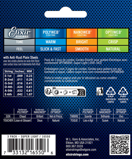 Elixir 16550 Nanoweb elektrische gitaarsnaren 3-Pack Super Light 009-042