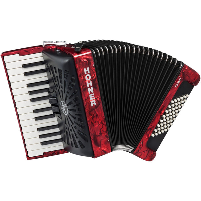 HOHNER A16532 Bravo II 48 Accordeon Rood – 26 toetsen, 48 bassen, Silent Key, met gigbag en draagriem
