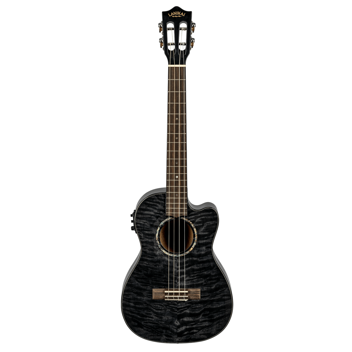 LANIKAI LKUQMBKCEB Baritonukulele, Quilted Maple Series, zwart, Cutaway, Preamp,