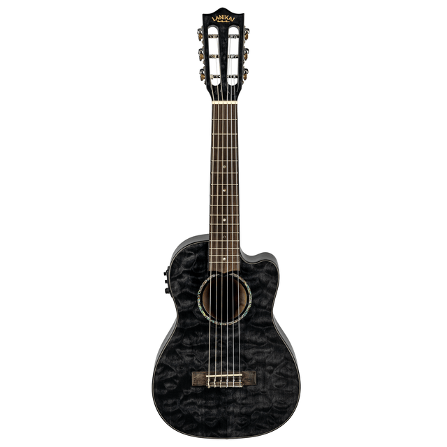 LANIKAI LKUQMBKCEG Guitarlele, Quilted Maple Serie, Black, Cutaway, Preamp, Softc