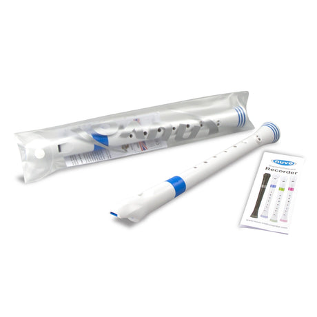 NUVO B300 BL sopraanblokfluit wit-blauw barok vingerzetting met etui en motivatieringen