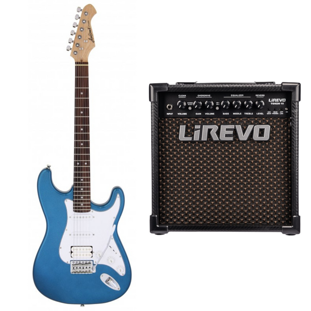 Aria STG-004 MBL Metallic Blauwe Stratocaster elektrische gitaar met versterker bundel