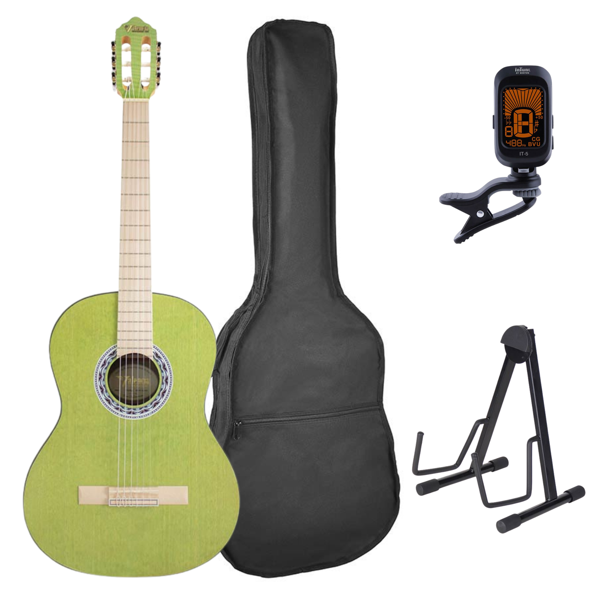 Valencia VC354HGN Klassieke Gitaar 4/4 – Sitka Spar & Mahonie, Groen, Inclusief Tas, Standaard en Stemapparaat